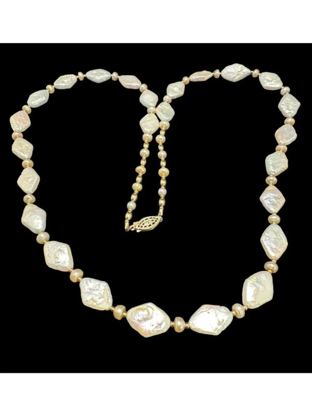 Necklace Geometric Freshwater Pearl 14k Gold Filled Vintage Filigree Clasp 28 in
